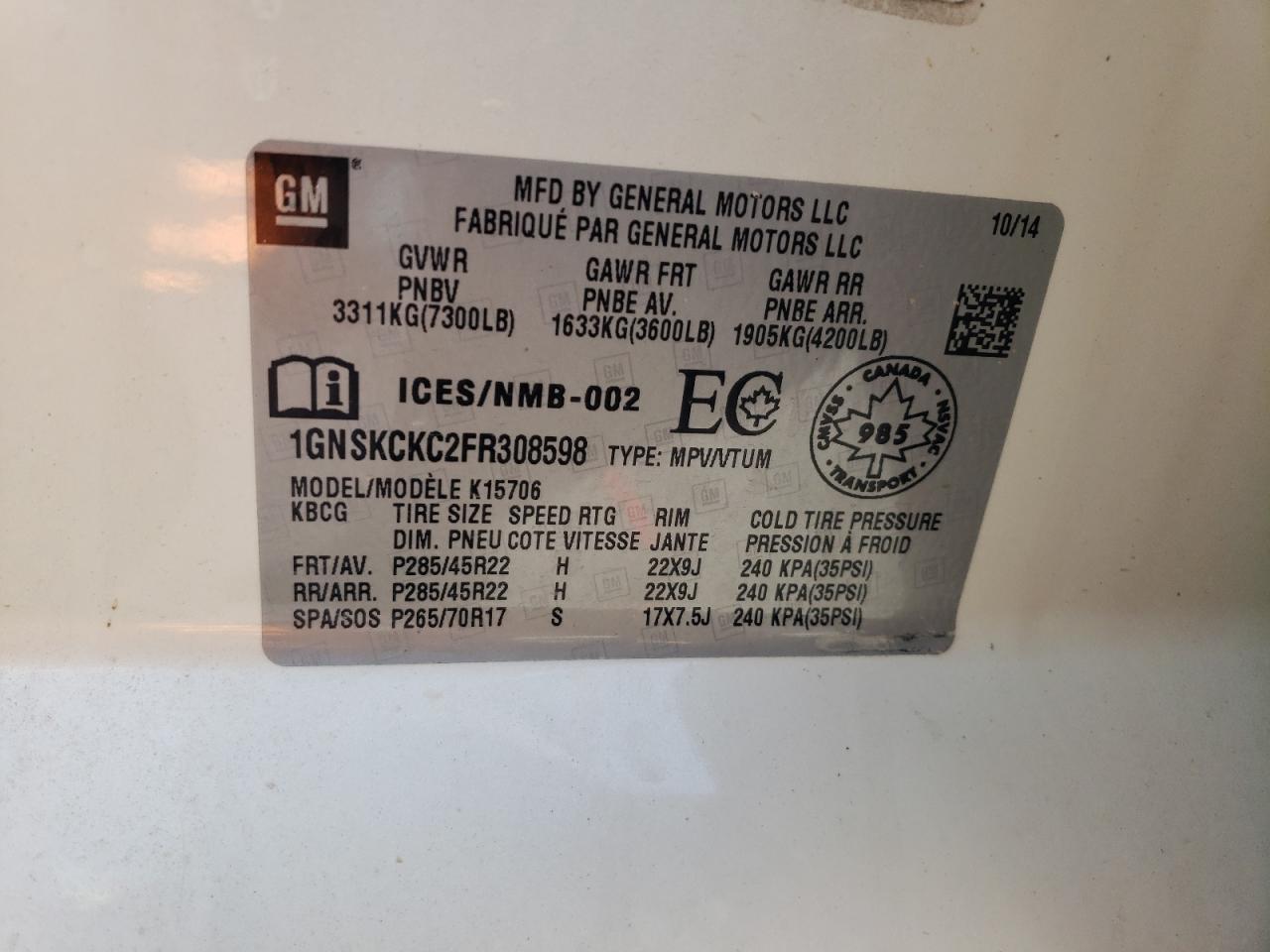 2015 Chevrolet Tahoe K1500 Ltz VIN: 1GNSKCKC2FR308598 Lot: 65639215