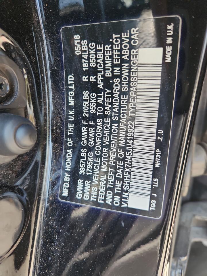 2018 Honda Civic Sport VIN: SHHFK7H45JU419922 Lot: 64465125
