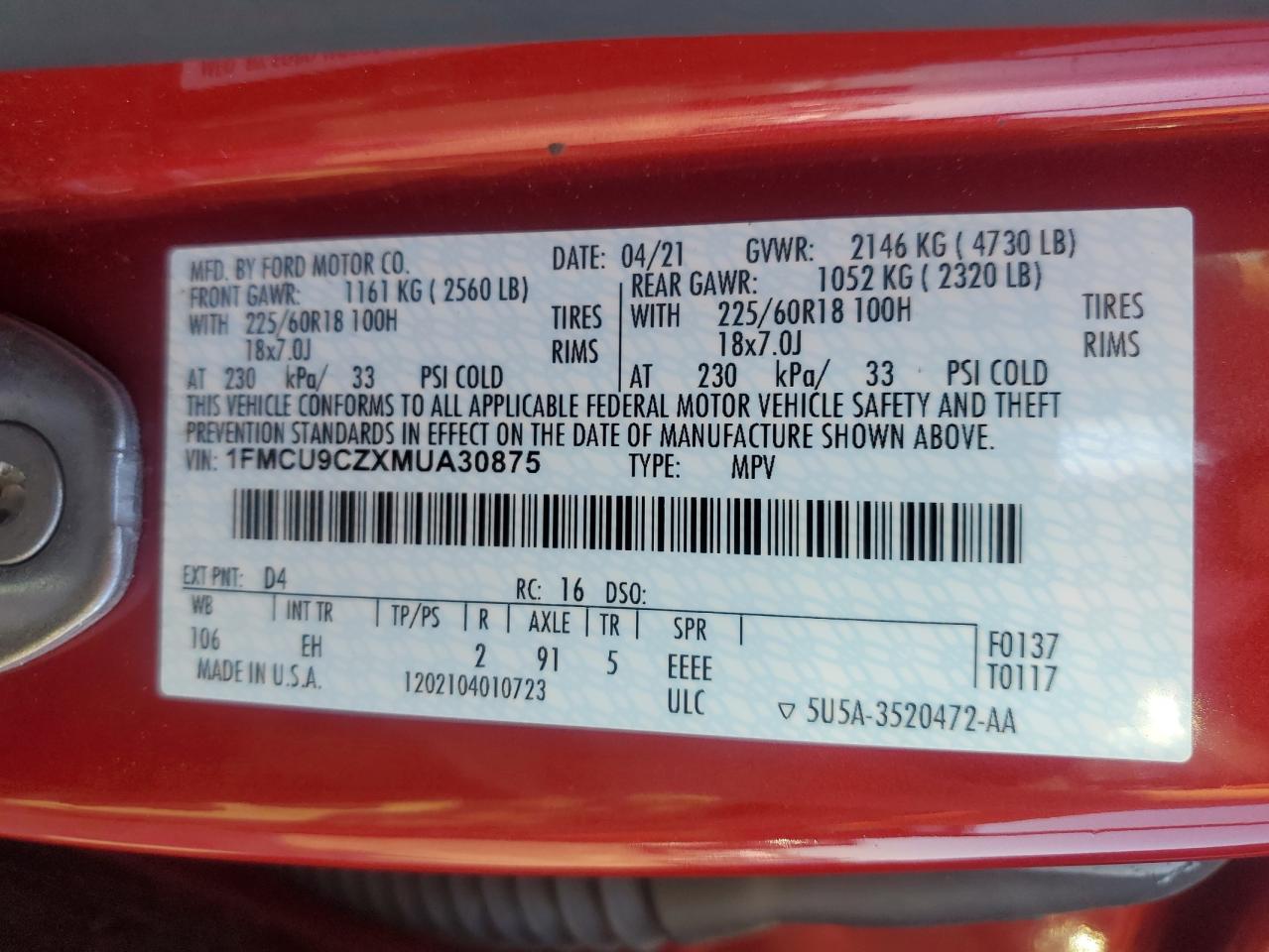 2021 Ford Escape Sel VIN: 1FMCU9CZXMUA30875 Lot: 62392275