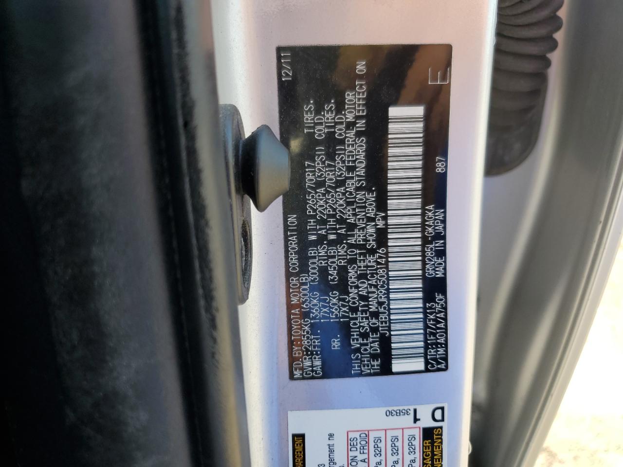 2012 Toyota 4Runner Sr5 VIN: JTEBU5JR9C5081476 Lot: 64434885