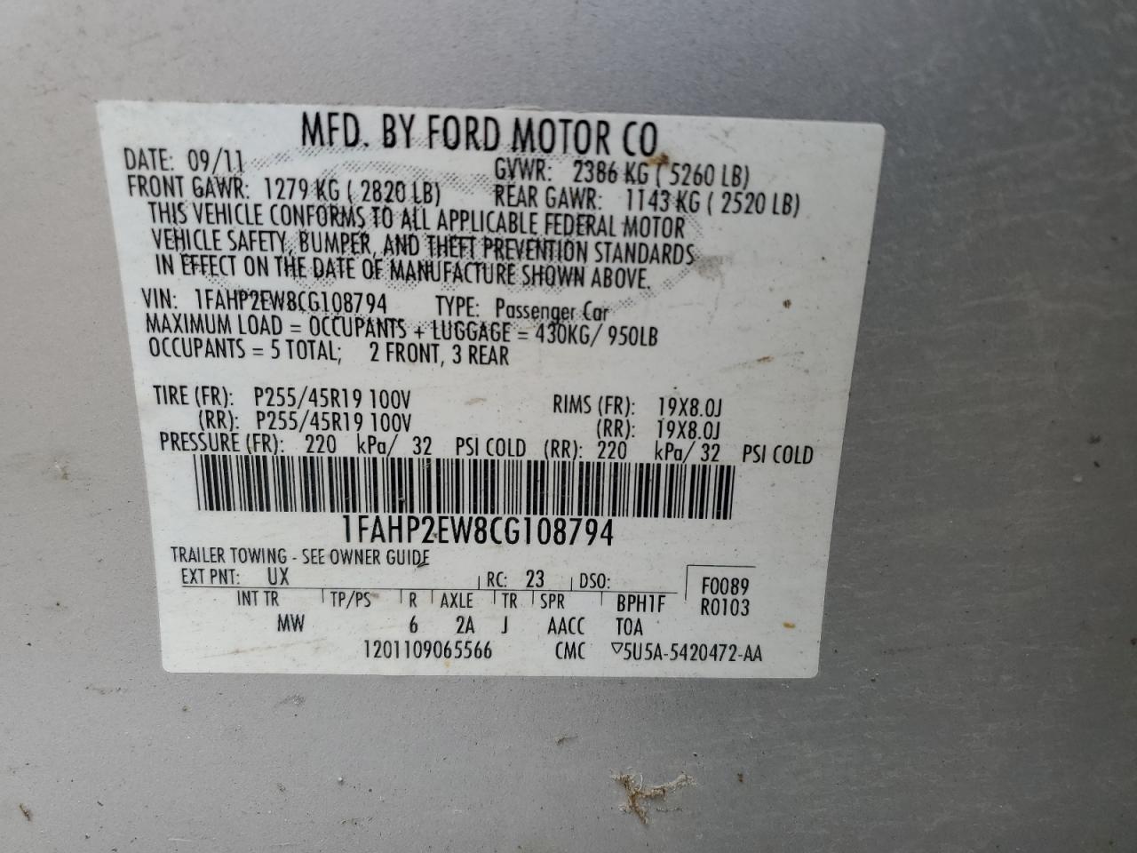 2012 Ford Taurus Sel VIN: 1FAHP2EW8CG108794 Lot: 66088255