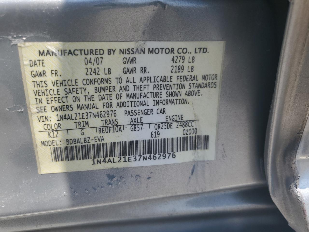 2007 Nissan Altima 2.5 VIN: 1N4AL21E37N462976 Lot: 65016315