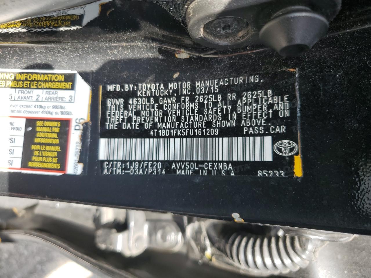 2015 Toyota Camry Hybrid VIN: 4T1BD1FK5FU161209 Lot: 64970055