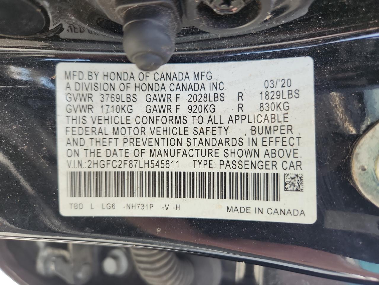 2020 Honda Civic Sport VIN: 2HGFC2F87LH545611 Lot: 64949375