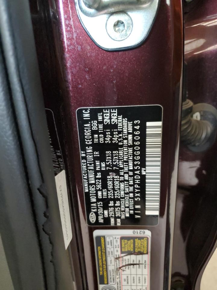 2016 Kia Sorento Ex VIN: 5XYPHDA53GG060643 Lot: 64728265