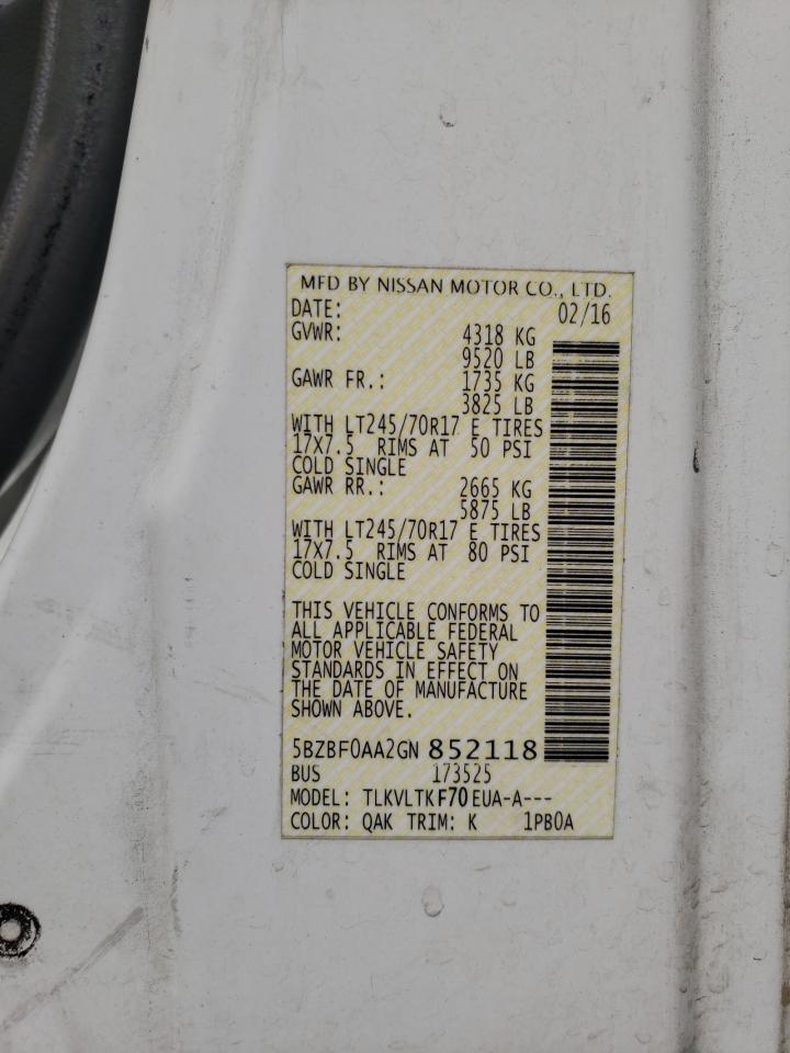 2016 Nissan Nv 3500 S VIN: 5BZBF0AA2GN852118 Lot: 61907165