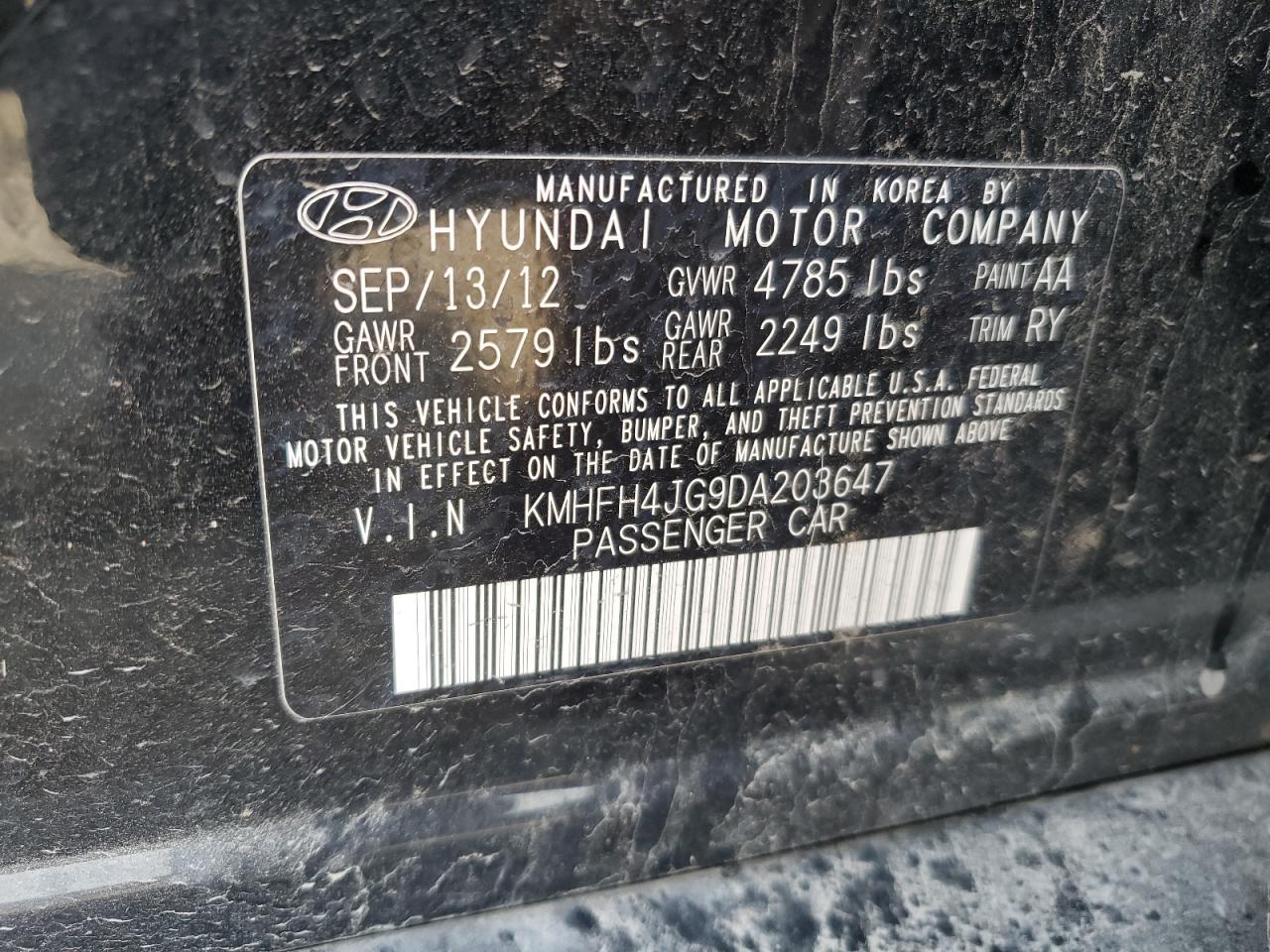 2013 Hyundai Azera Gls VIN: KMHFH4JG9DA203647 Lot: 65919715