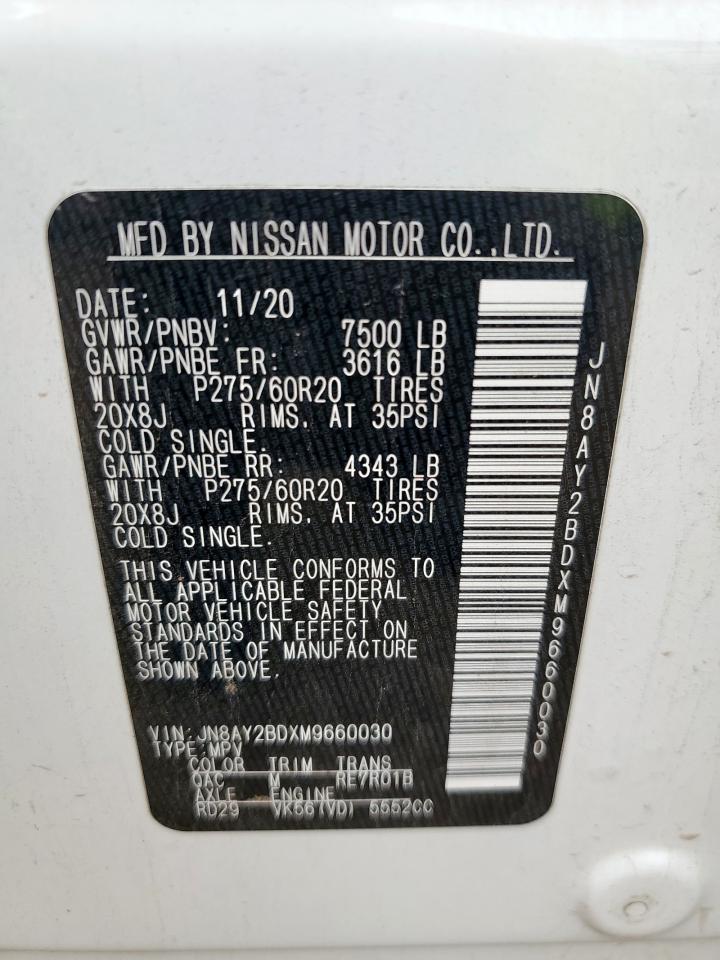 2021 Nissan Armada Sl VIN: JN8AY2BDXM9660030 Lot: 63401055