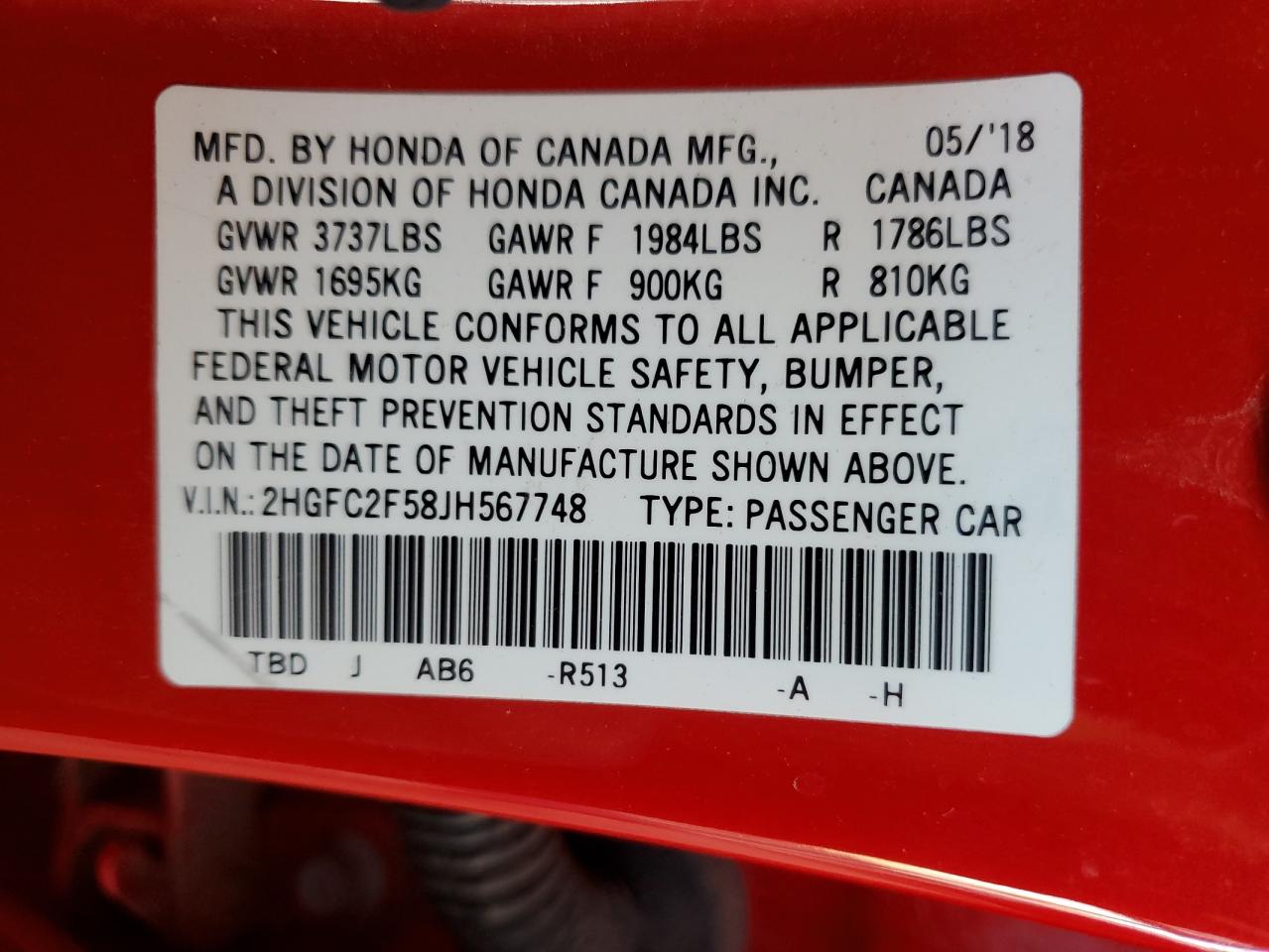 2HGFC2F58JH567748 HONDA CIVIC 2018