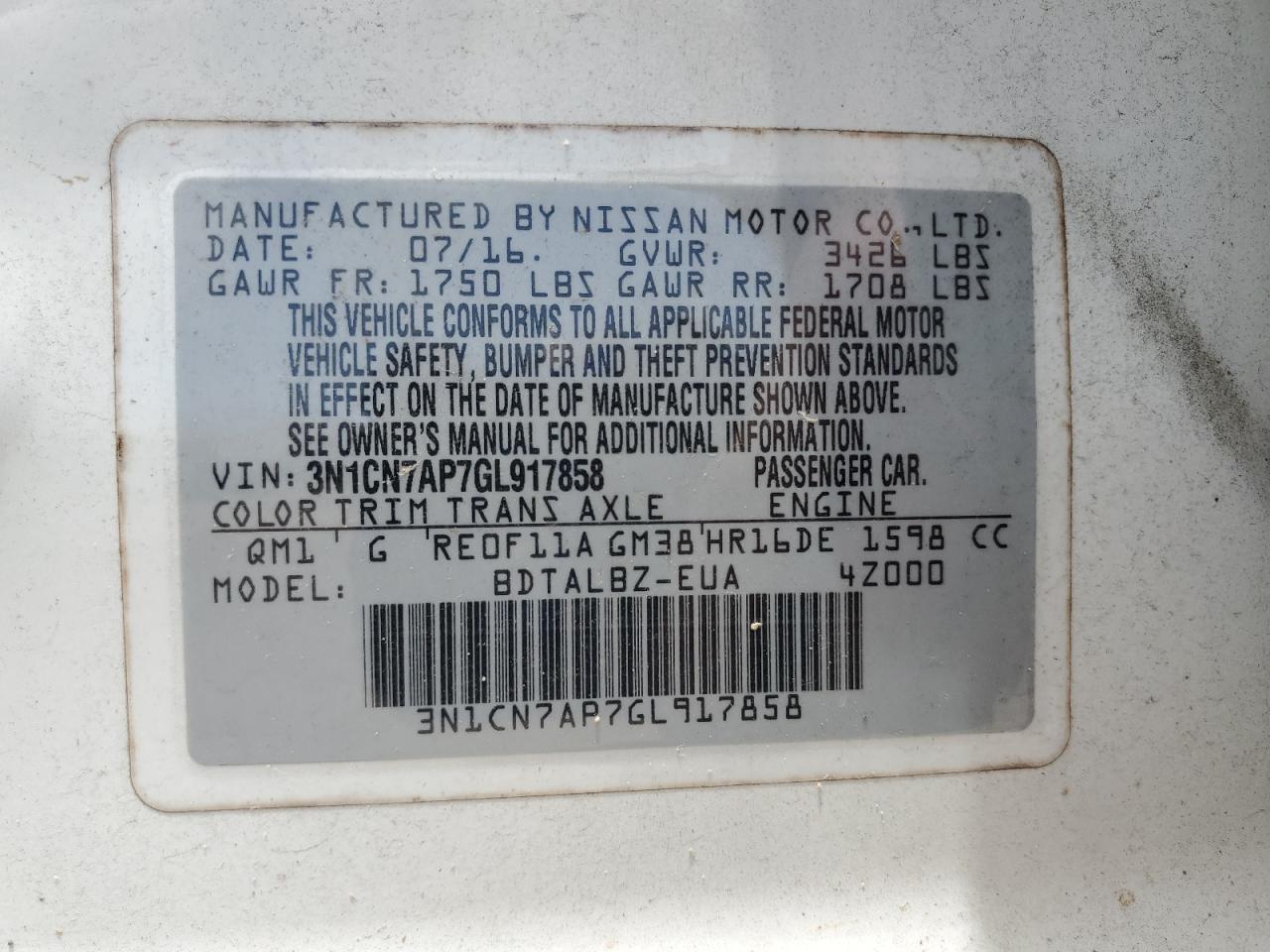 2016 Nissan Versa S VIN: 3N1CN7AP7GL917858 Lot: 64397525