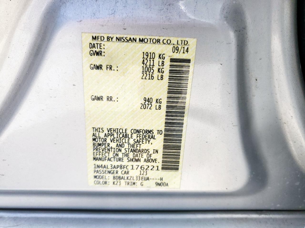 2015 Nissan Altima 2.5 VIN: 1N4AL3AP8FC176221 Lot: 65289155