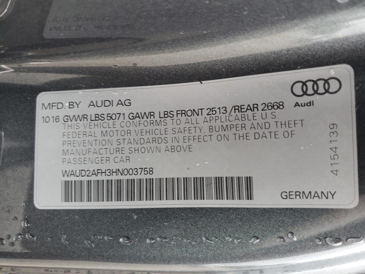 2017 Audi A5 Sport VIN: WAUD2AFH3HN003758 Lot: 64081825