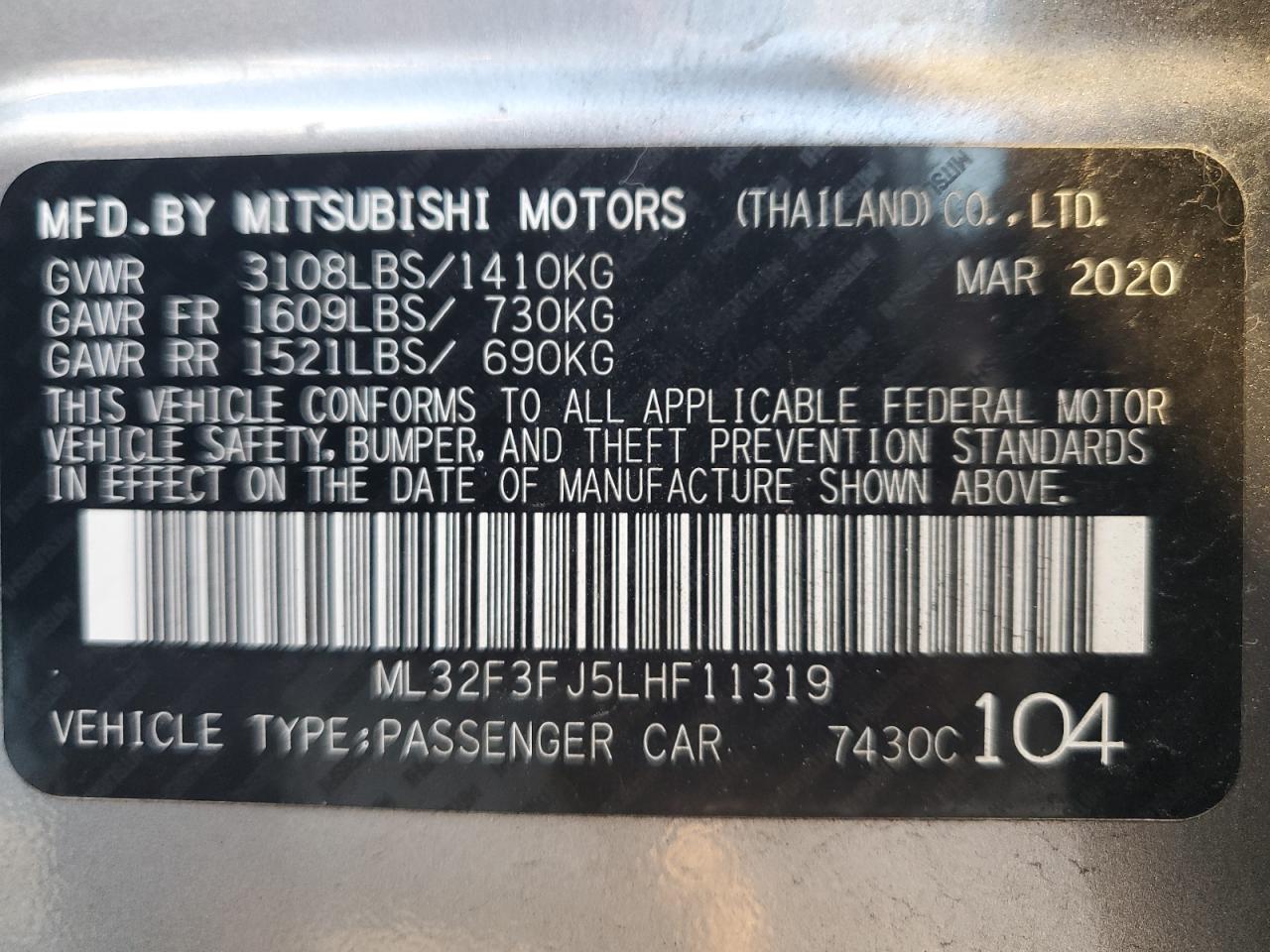 2020 Mitsubishi Mirage G4 Es VIN: ML32F3FJ5LHF11319 Lot: 64489665