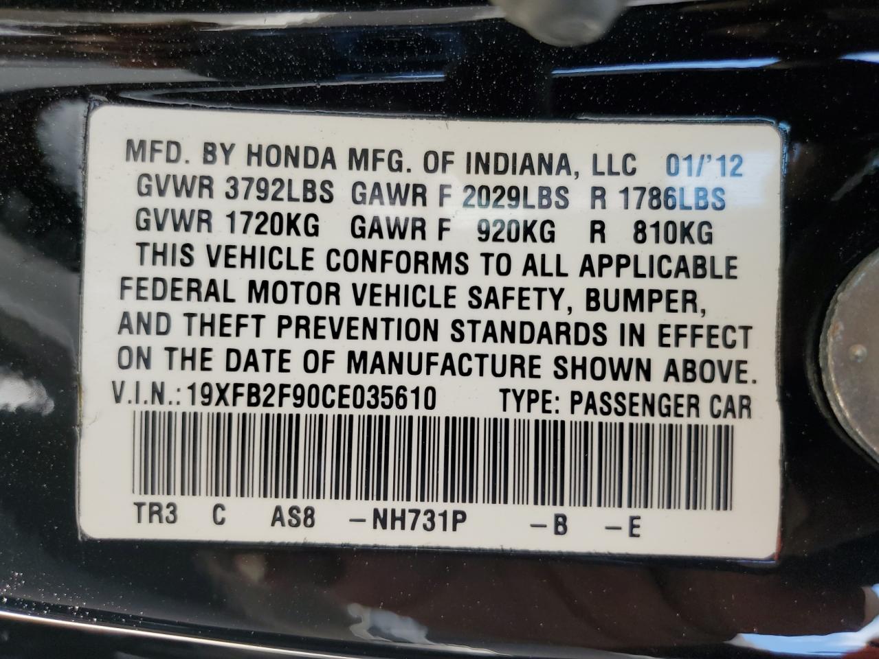 2012 Honda Civic Exl VIN: 19XFB2F90CE035610 Lot: 64845005