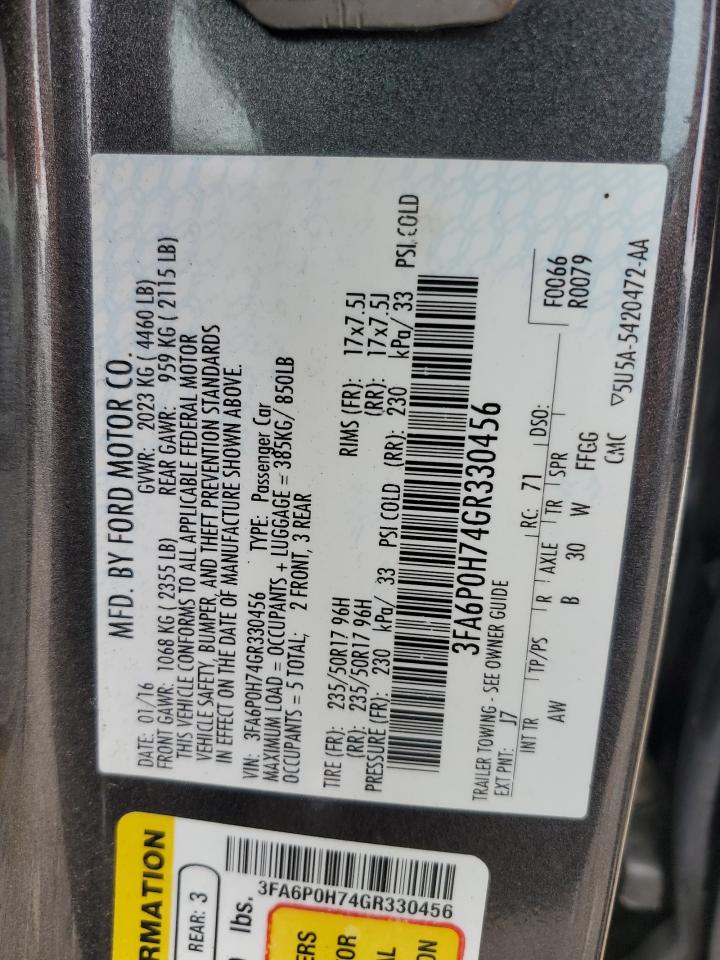 2016 Ford Fusion Se VIN: 3FA6P0H74GR330456 Lot: 64942695