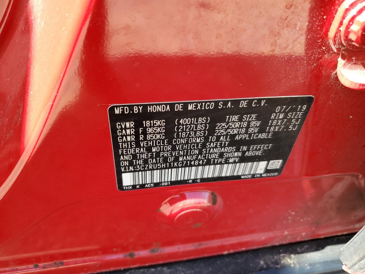 2019 Honda Hr-V Sport VIN: 3CZRU5H11KG714847 Lot: 64297965