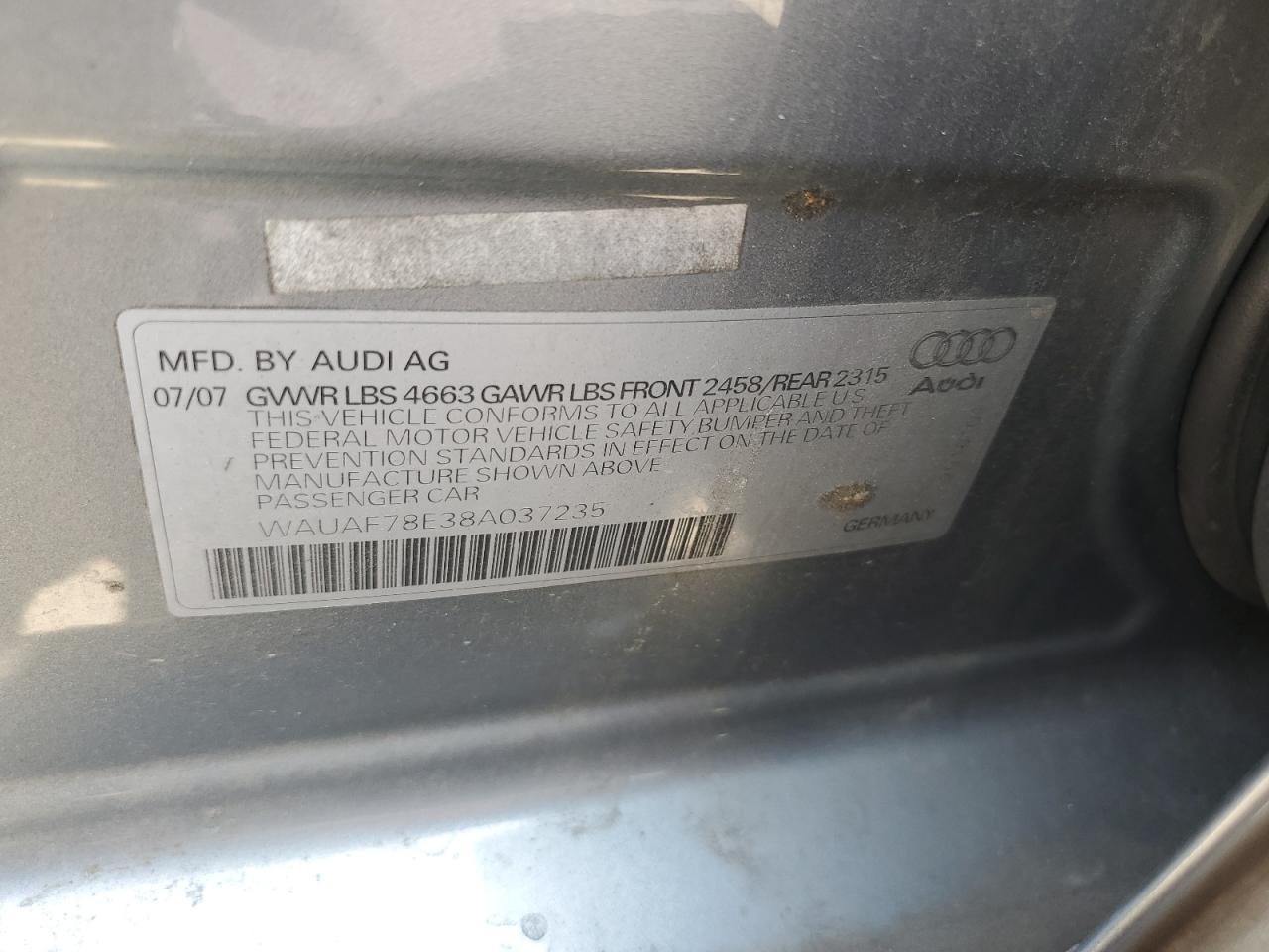 2008 Audi A4 2.0T VIN: WAUAF78E38A037235 Lot: 64906985