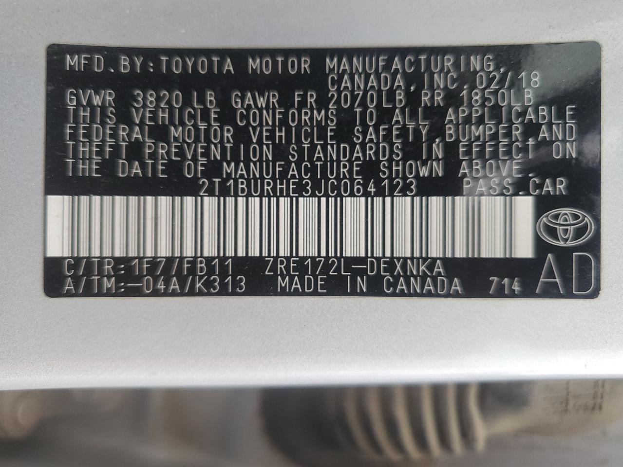 2T1BURHE3JC064123 TOYOTA COROLLA 2018