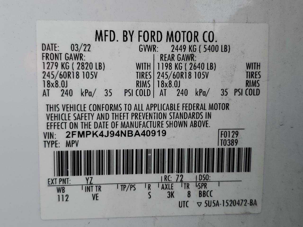 2022 Ford Edge Sel VIN: 2FMPK4J94NBA40919 Lot: 64306435