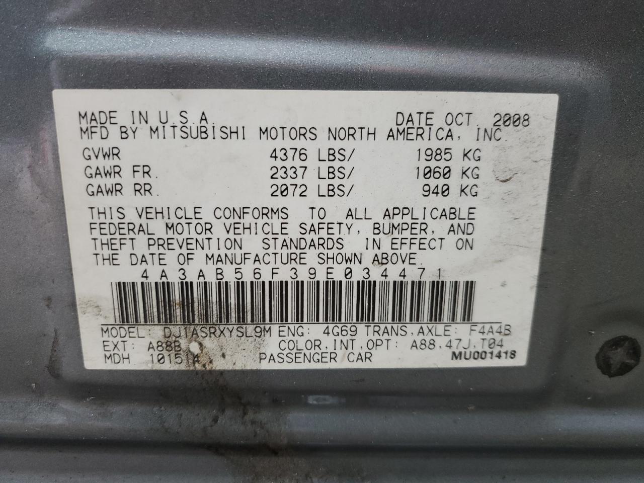 2009 Mitsubishi Galant Es VIN: 4A3AB56F39E034471 Lot: 64682595