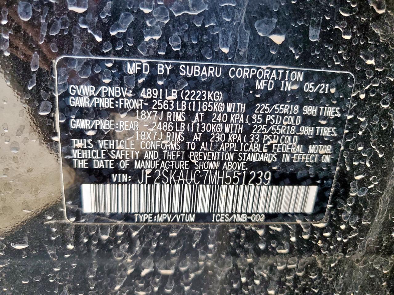 2021 Subaru Forester Limited VIN: JF2SKAUC7MH551239 Lot: 63401825