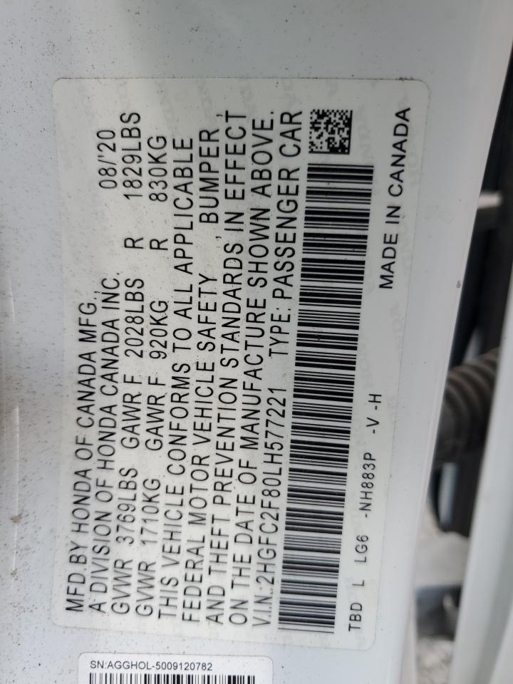 2020 Honda Civic Sport VIN: 2HGFC2F80LH577221 Lot: 65468725