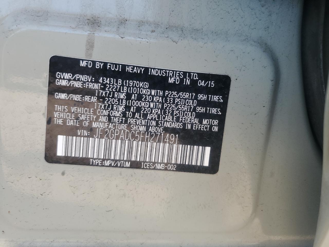 2015 Subaru Xv Crosstrek 2.0 Premium VIN: JF2GPADC5FH271491 Lot: 63808625