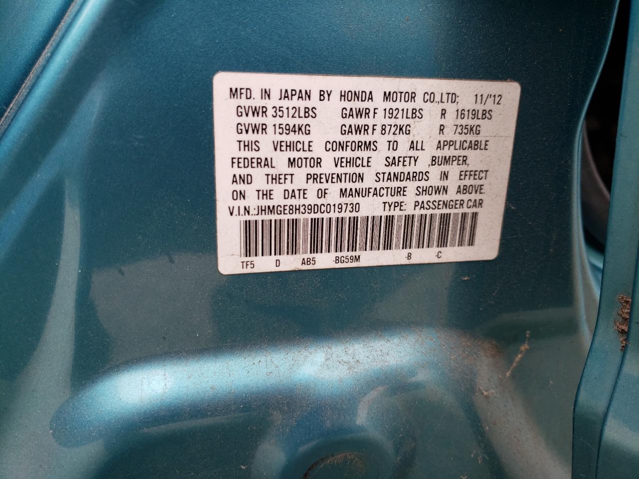 2013 Honda Fit VIN: JHMGE8H39DC019730 Lot: 64213865