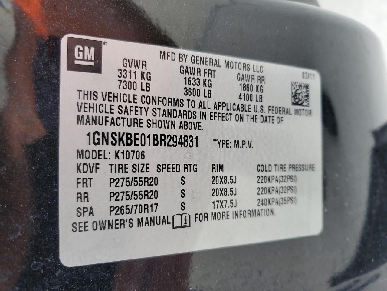 2011 Chevrolet Tahoe K1500 Lt VIN: 1GNSKBE01BR294831 Lot: 64269085