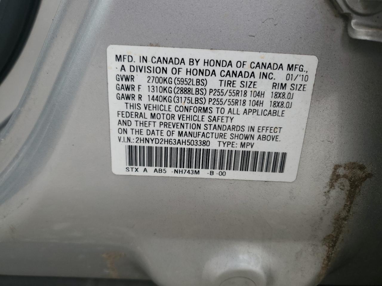 2010 Acura Mdx Technology VIN: 2HNYD2H63AH503380 Lot: 64097735