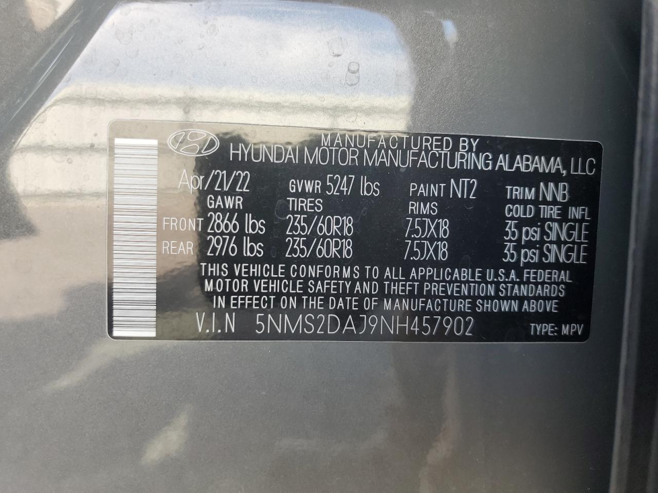 2022 Hyundai Santa Fe Sel VIN: 5NMS2DAJ9NH457902 Lot: 65036375