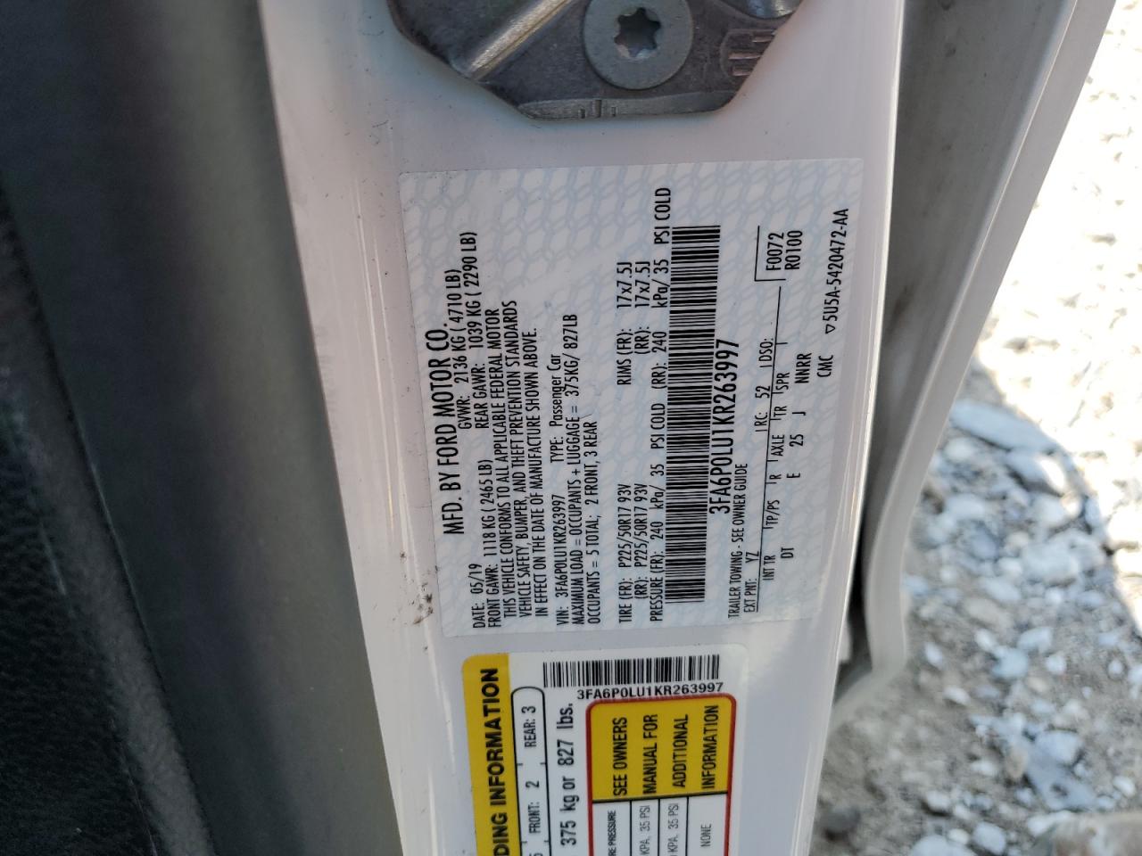 2019 Ford Fusion Se VIN: 3FA6P0LU1KR263997 Lot: 54066185