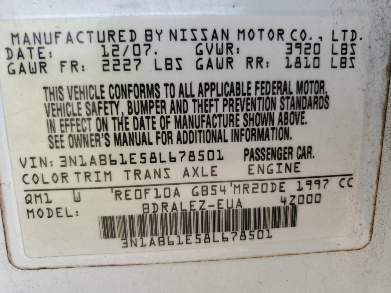 2008 Nissan Sentra 2.0 VIN: 3N1AB61E58L678501 Lot: 65027265