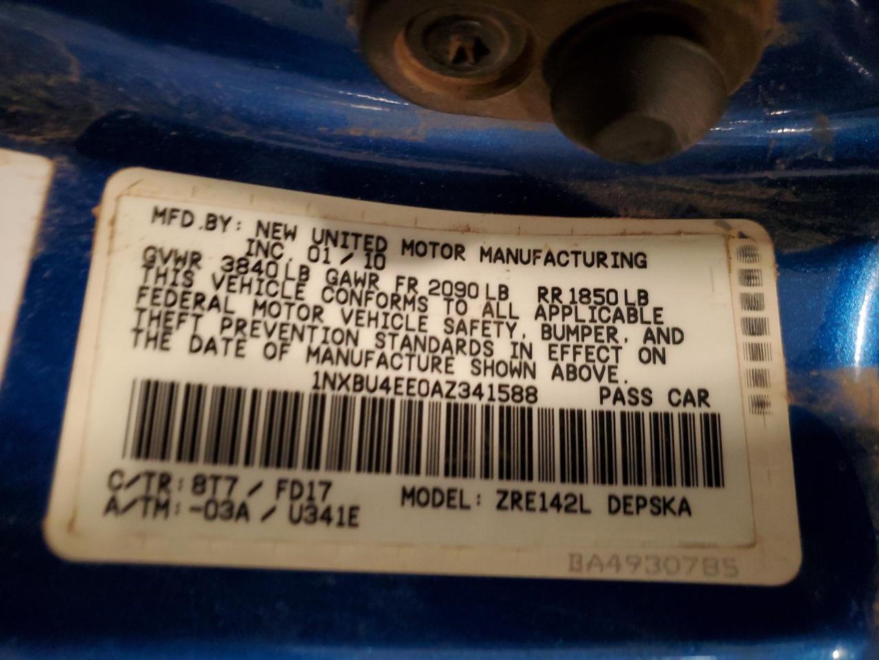2010 Toyota Corolla Base VIN: 1NXBU4EE0AZ341588 Lot: 64844315