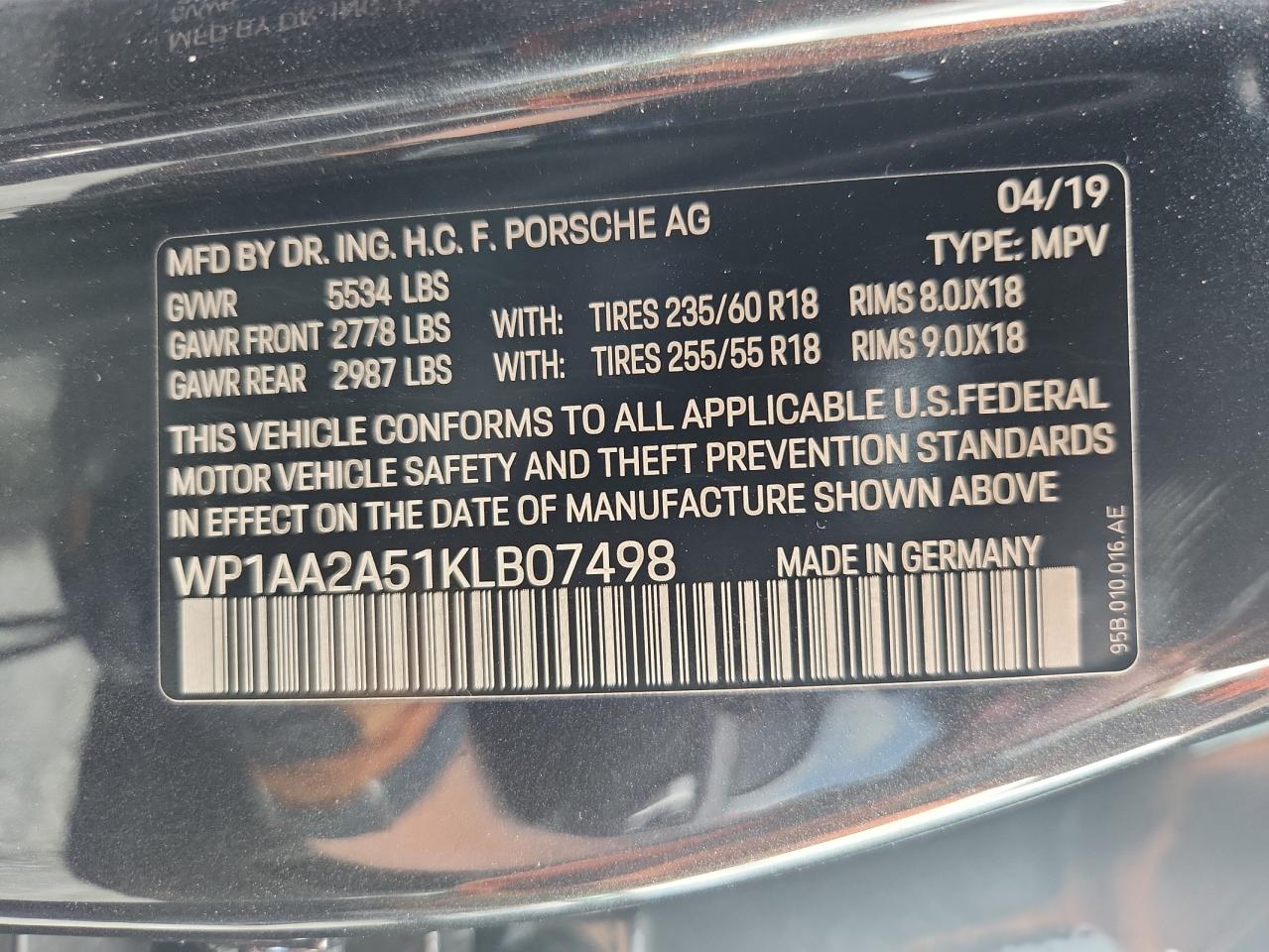 2019 Porsche Macan VIN: WP1AA2A51KLB07498 Lot: 63917095