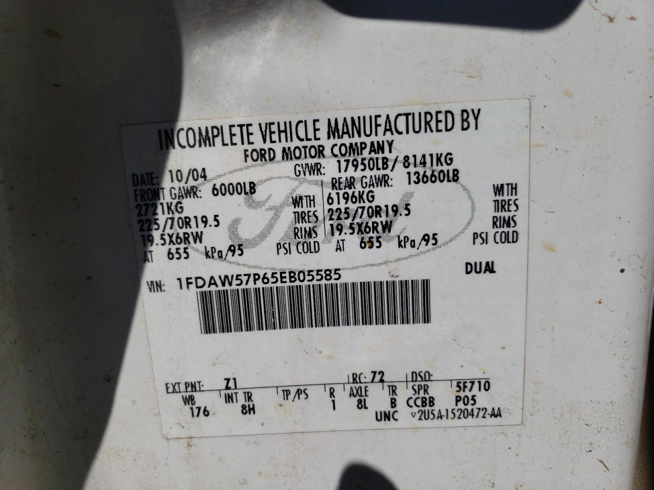 2005 Ford F550 Super Duty VIN: 1FDAW57P65EB05585 Lot: 63451715