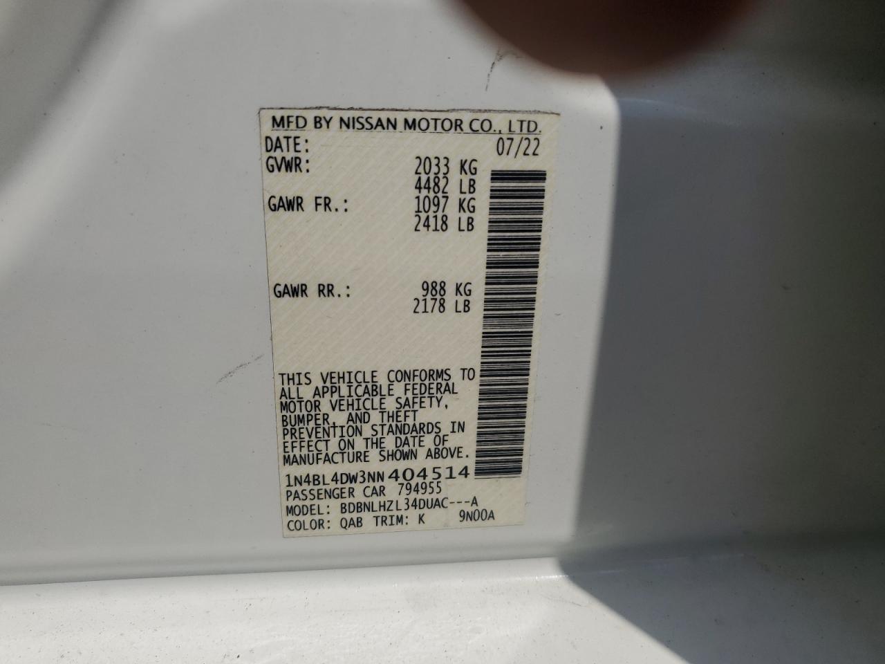 2022 Nissan Altima Sv VIN: 1N4BL4DW3NN404514 Lot: 64739295