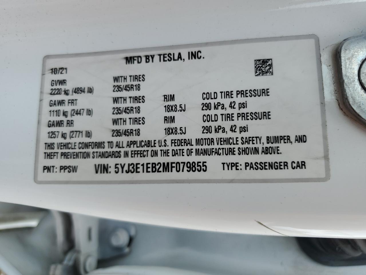 2021 Tesla Model 3 VIN: 5YJ3E1EB2MF079855 Lot: 65028615