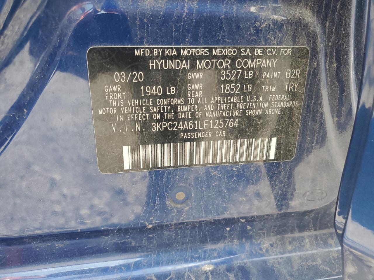 2020 Hyundai Accent Se VIN: 3KPC24A61LE125764 Lot: 63373375