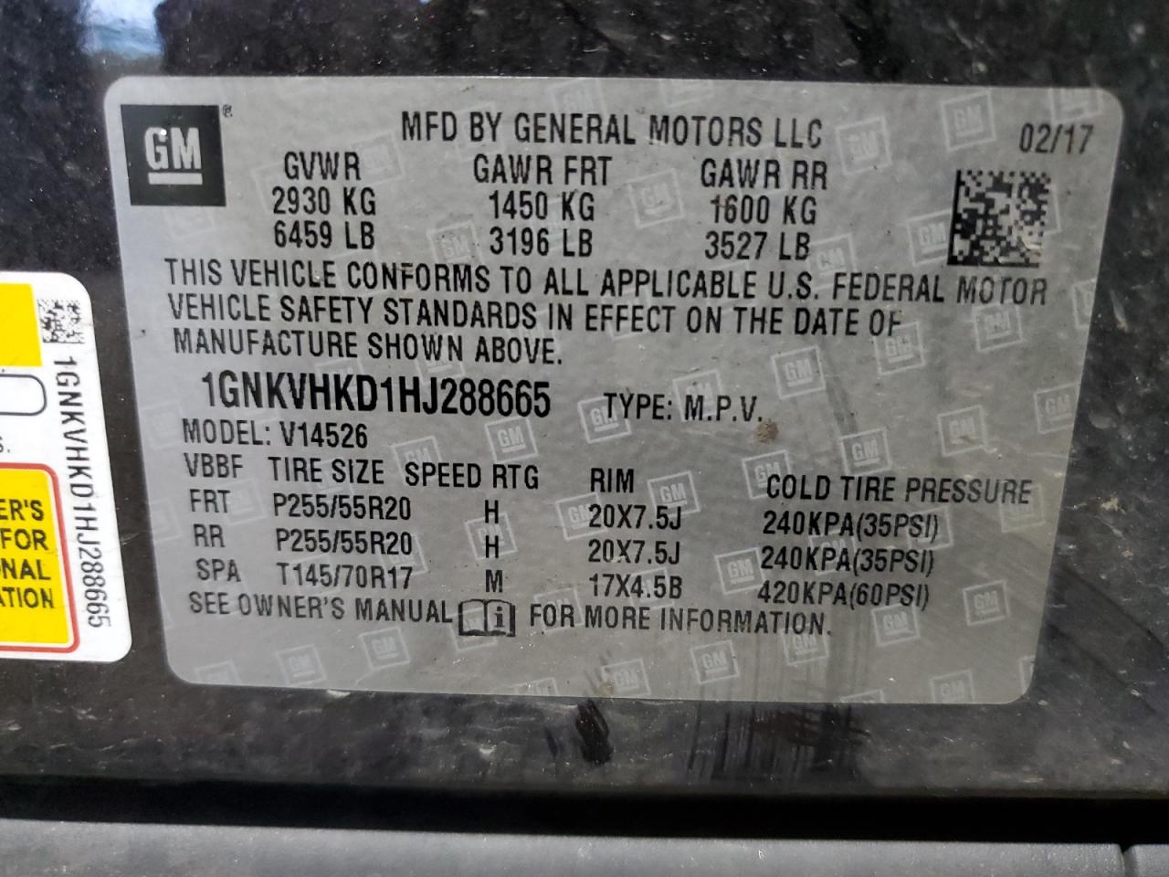 2017 Chevrolet Traverse Lt VIN: 1GNKVHKD1HJ288665 Lot: 63187715