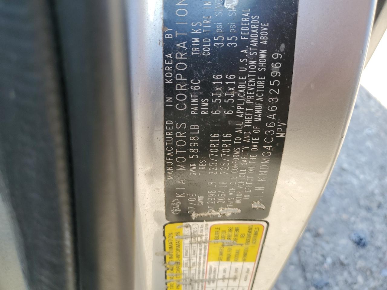 2010 Kia Sedona Lx VIN: KNDMG4C36A6325969 Lot: 62947995