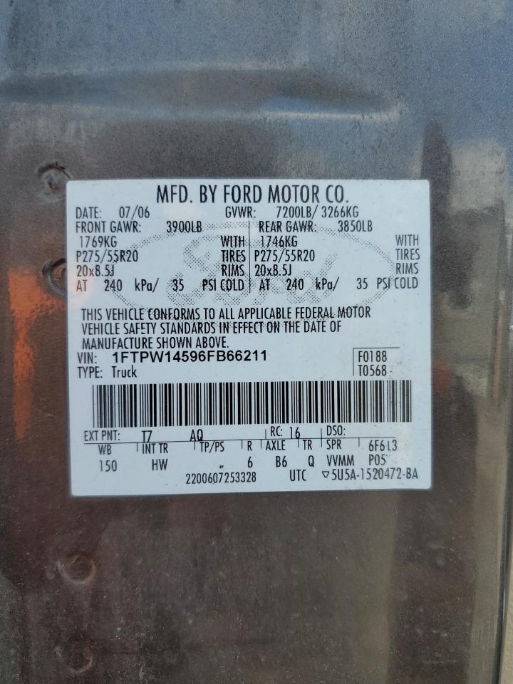 2006 Ford F150 Supercrew VIN: 1FTPW14596FB66211 Lot: 64384345