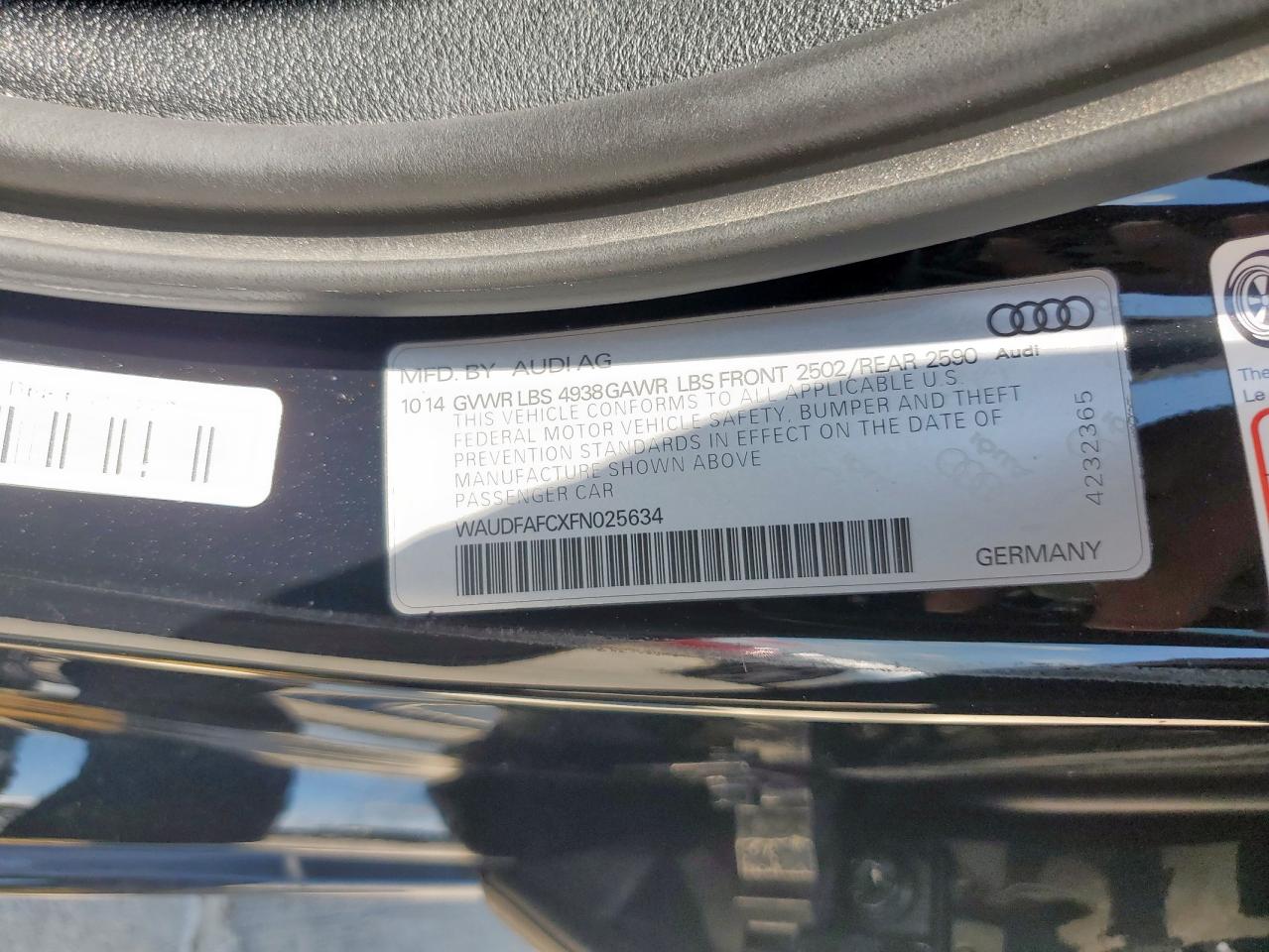 2015 Audi A6 Premium Plus VIN: WAUDFAFCXFN025634 Lot: 63484865