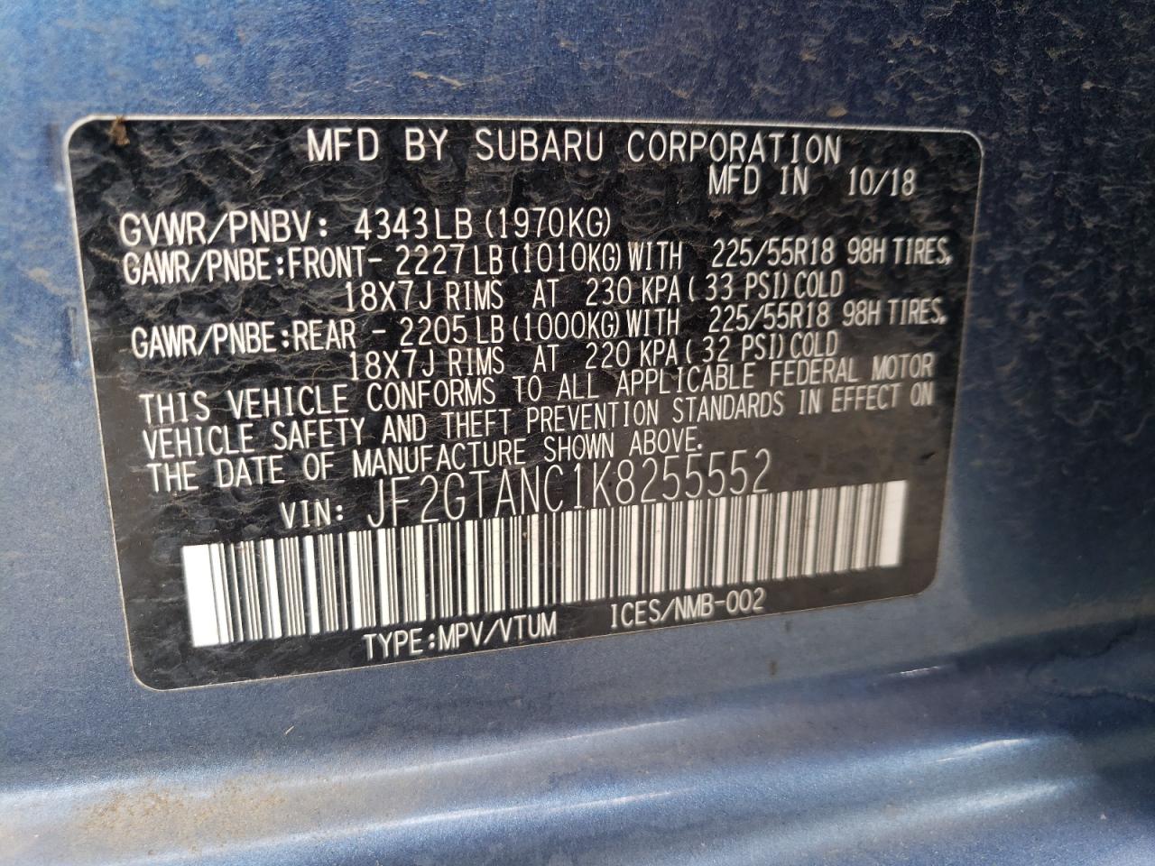 2019 Subaru Crosstrek Limited VIN: JF2GTANC1K8255552 Lot: 64125365
