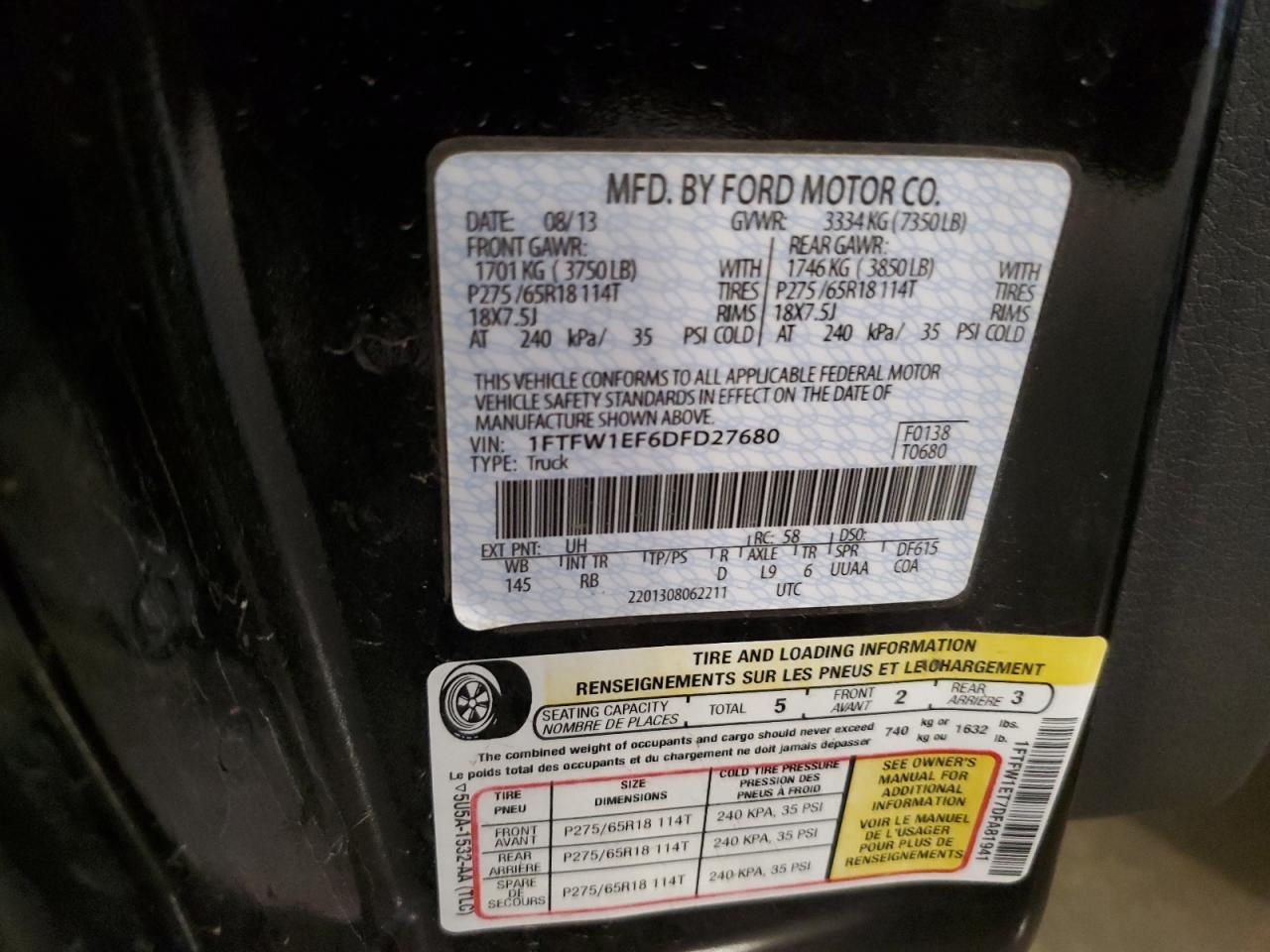 2013 Ford F150 Supercrew VIN: 1FTFW1EF6DFD27680 Lot: 66283375