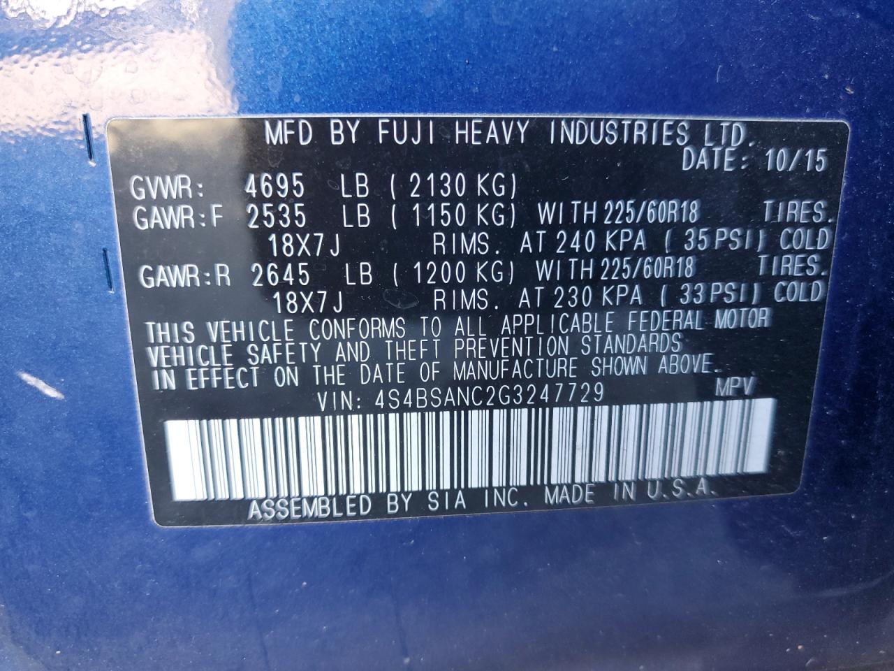 2016 Subaru Outback 2.5I Limited VIN: 4S4BSANC2G3247729 Lot: 64852145