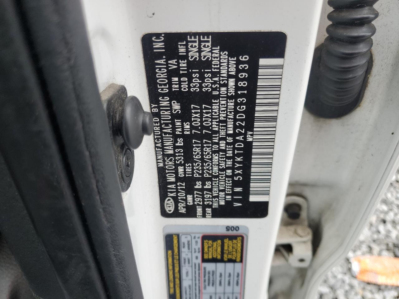 2013 Kia Sorento Lx VIN: 5XYKTDA22DG318936 Lot: 63856225