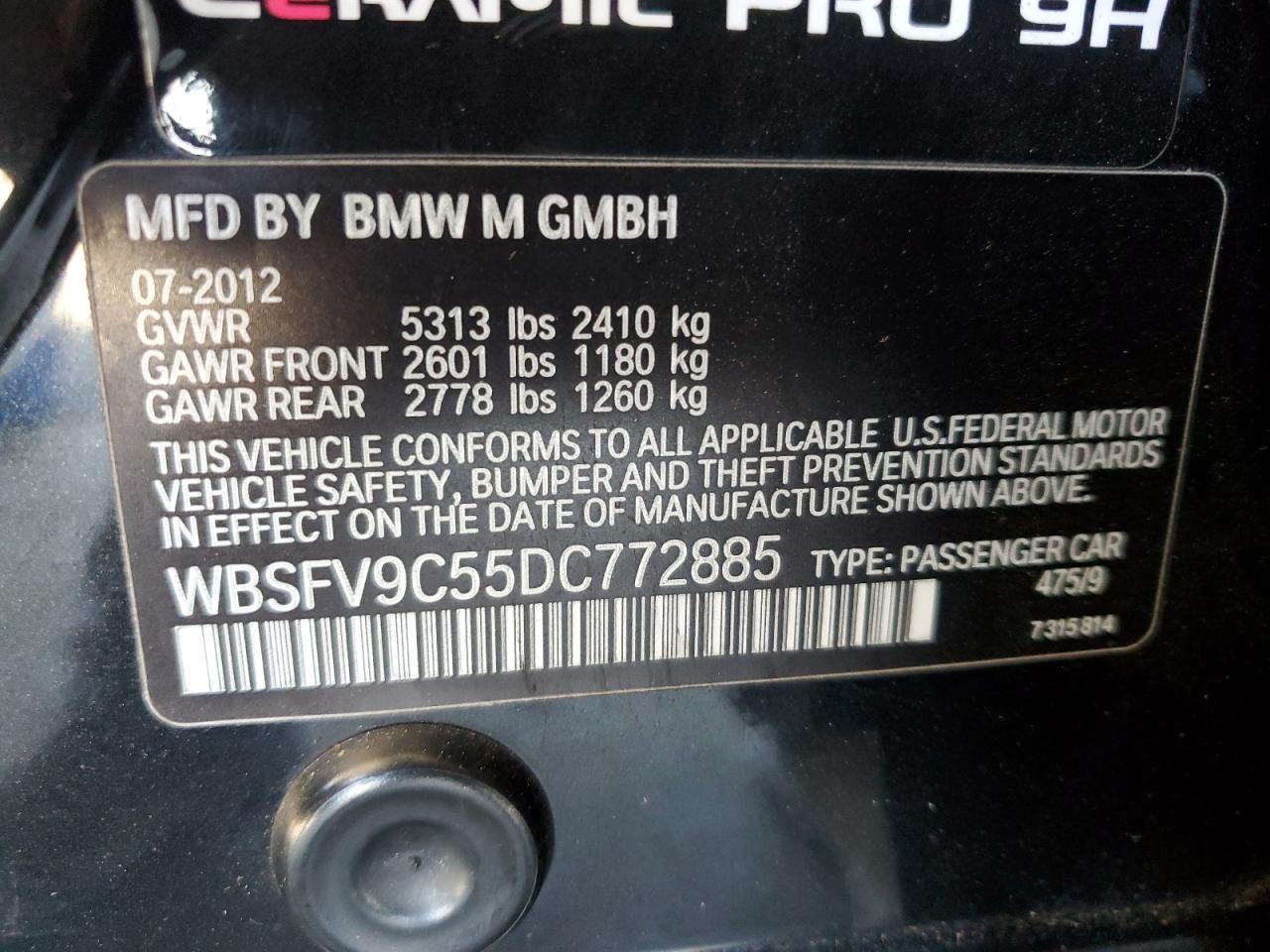 2013 BMW M5 VIN: WBSFV9C55DC772885 Lot: 63338235