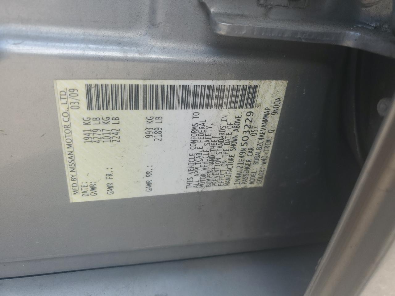 2009 Nissan Altima 2.5 VIN: 1N4AL21E49N503229 Lot: 59853945