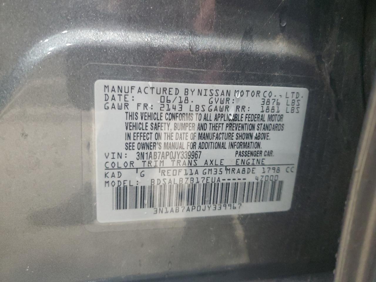2018 Nissan Sentra S VIN: 3N1AB7AP0JY339967 Lot: 65404305
